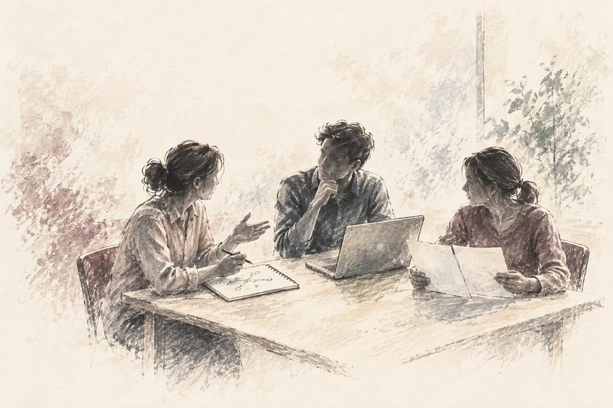 Three early-career researchers at work, in watercolour.